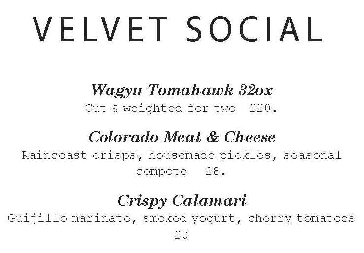 Velvet Buck menu page 1